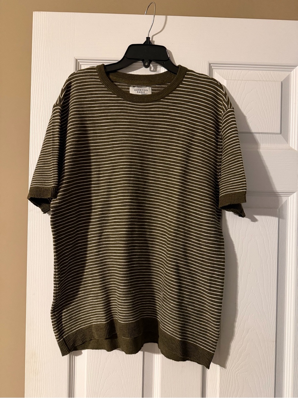American Eagle Outfitters Olive Green Striped Short Sleeve Sweater